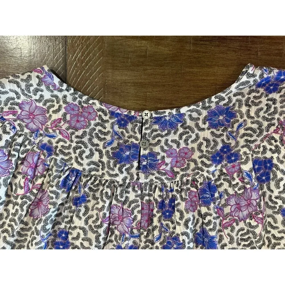 LOFT Purple Floral Print Shirred Yoke Top Puff Sleeve Lightweight Size Small EUC